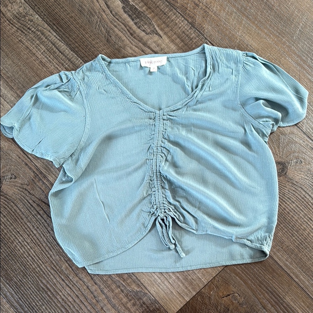 Pink Rose Blue Crop Blouse with Ruched Tie Front